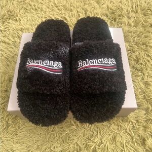 Black Balenciaga Fur Slides